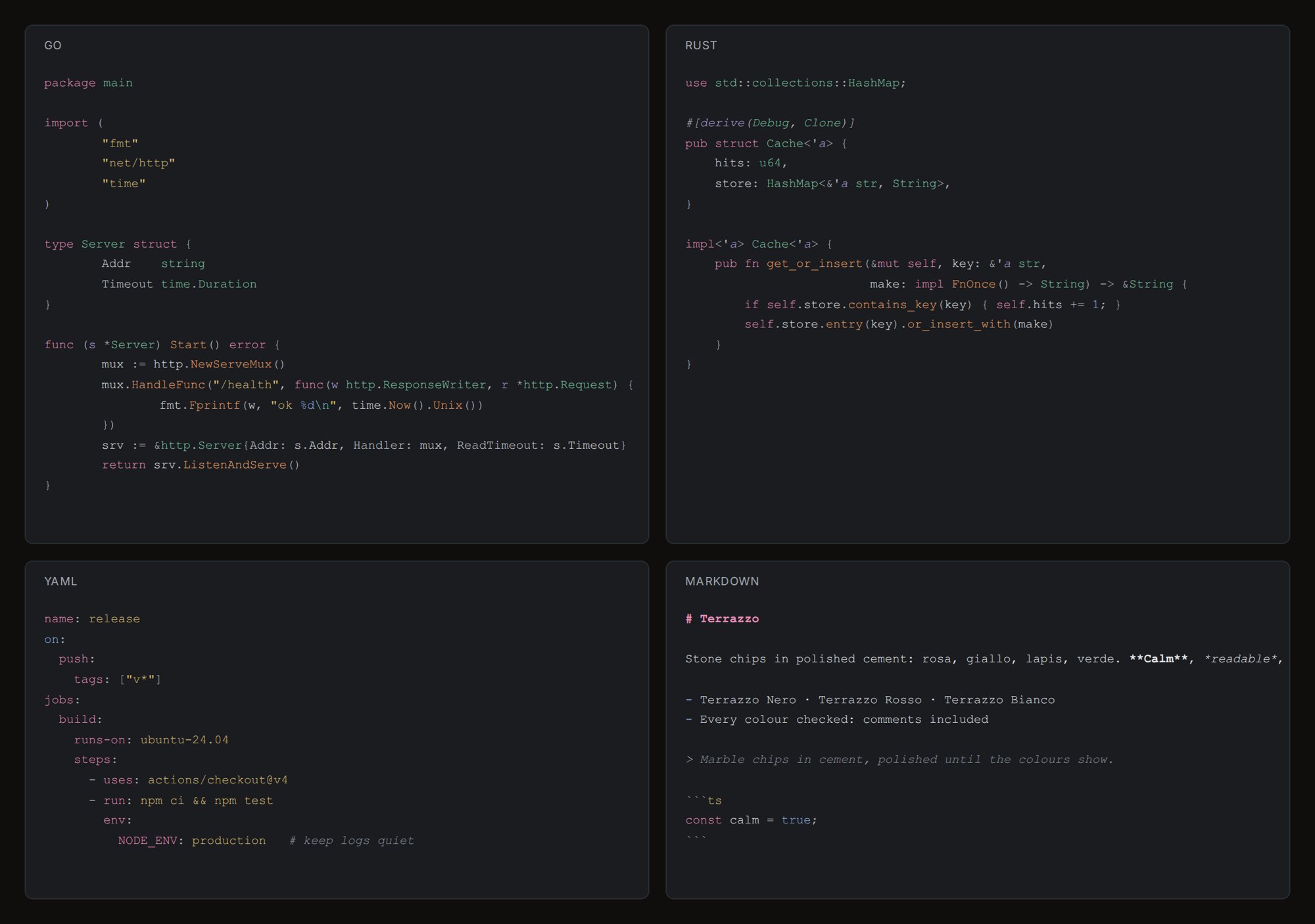 Go, Rust, YAML and Markdown in Terrazzo Nero