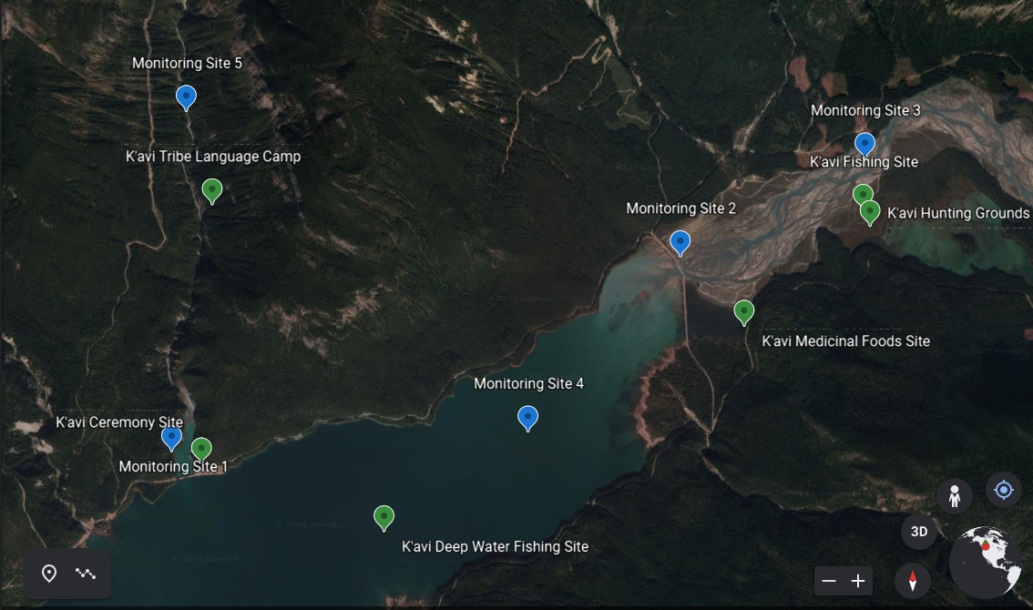 Photo of fictional K'avi reservation. Water Quality monitoring sites are marked in blue, and cultural sites are marked in green.