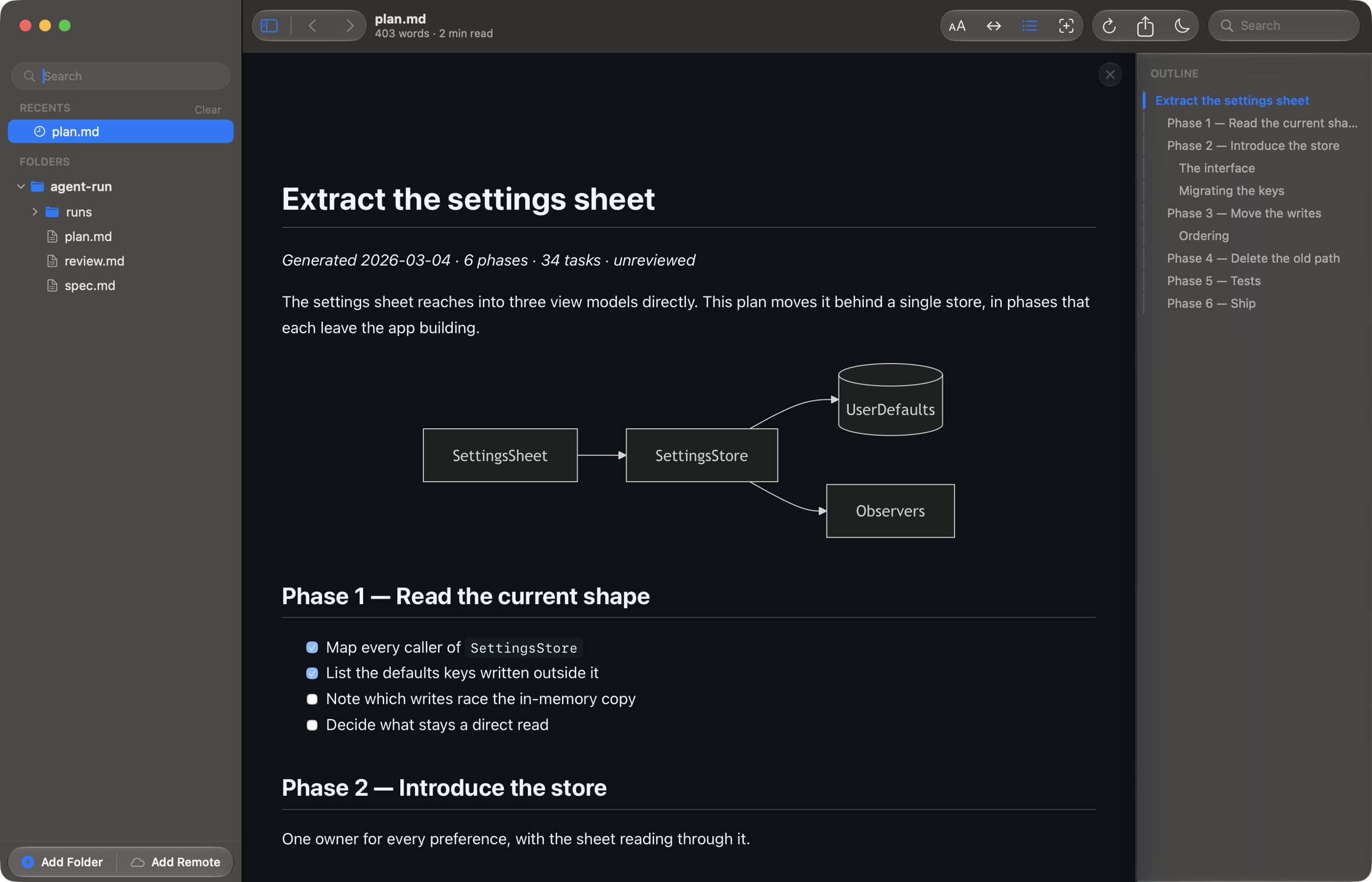 Reader.md showing an agent-written plan, with the file tree and outline beside it