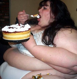 fat woman with cake