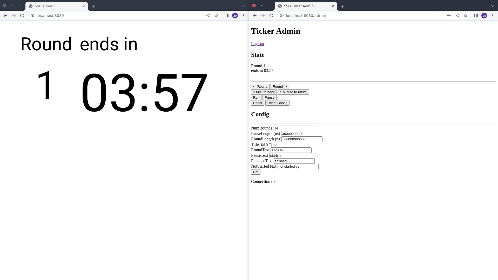 Screenshot of timer, and admin console