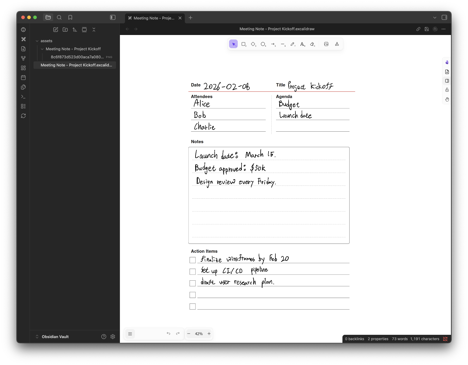 Handwriting note converted to Excalidraw in Obsidian