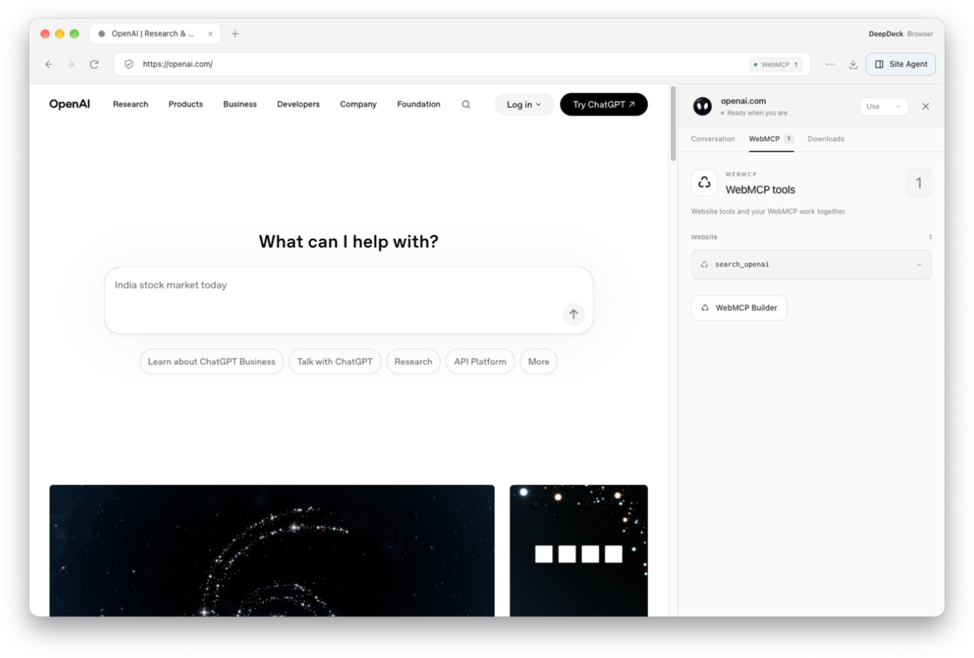 DeepDeck automatically discovers the search_openai tool under Website on openai.com