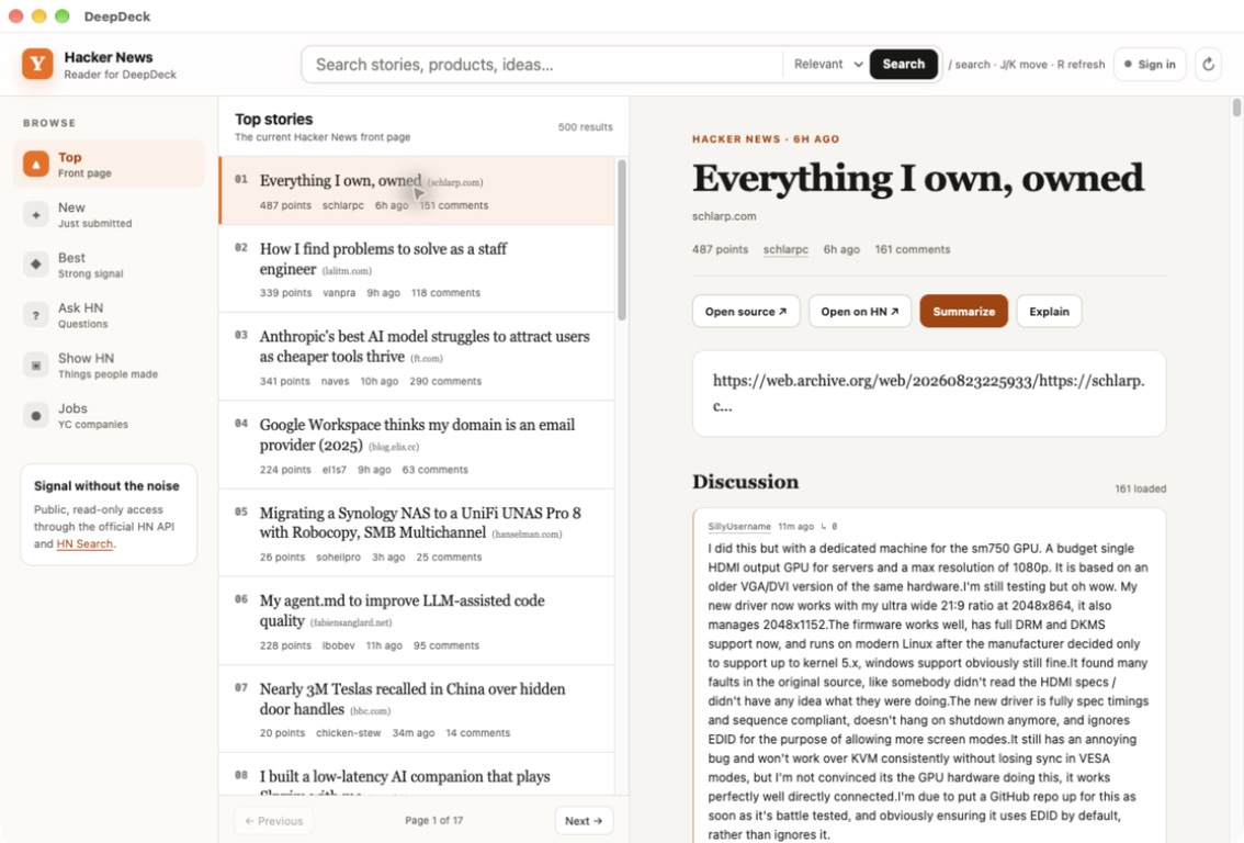 Hacker News Reader running with DeepDeck