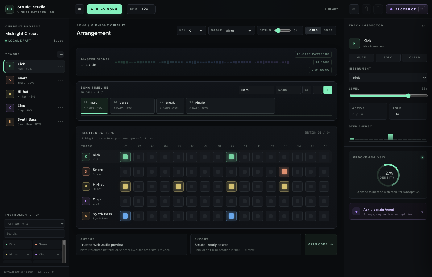 Strudel Studio song arrangement editor running with DeepDeck