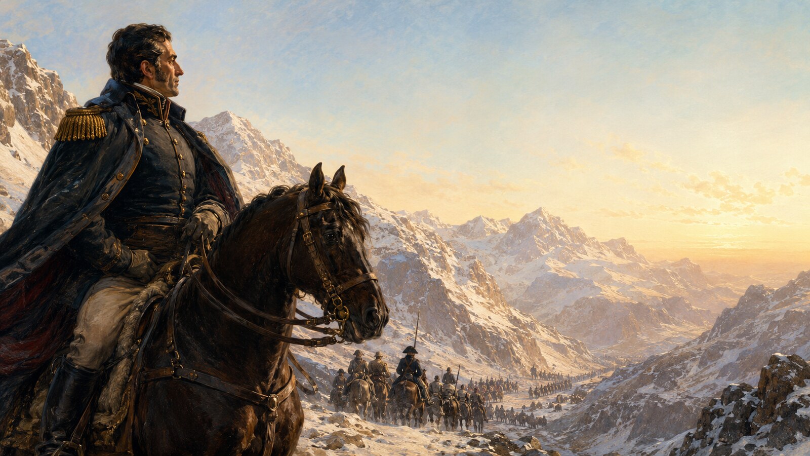 Ilustración editorial de José de San Martín y el cruce de los Andes