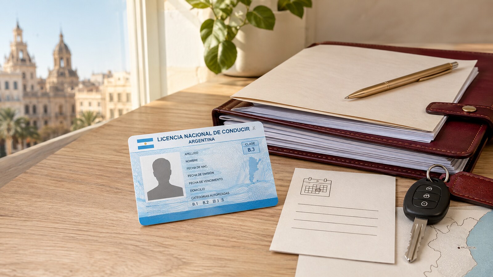 Licencia argentina ficticia, carpeta de documentos y llaves para una guía de canje en Valencia