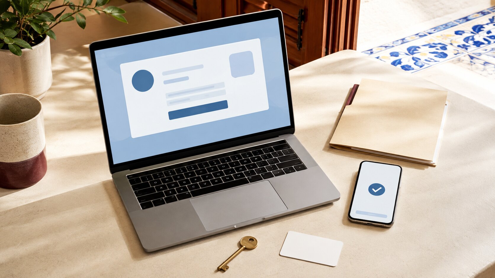 Ordenador, móvil, llave y tarjeta genérica para gestionar identidad digital