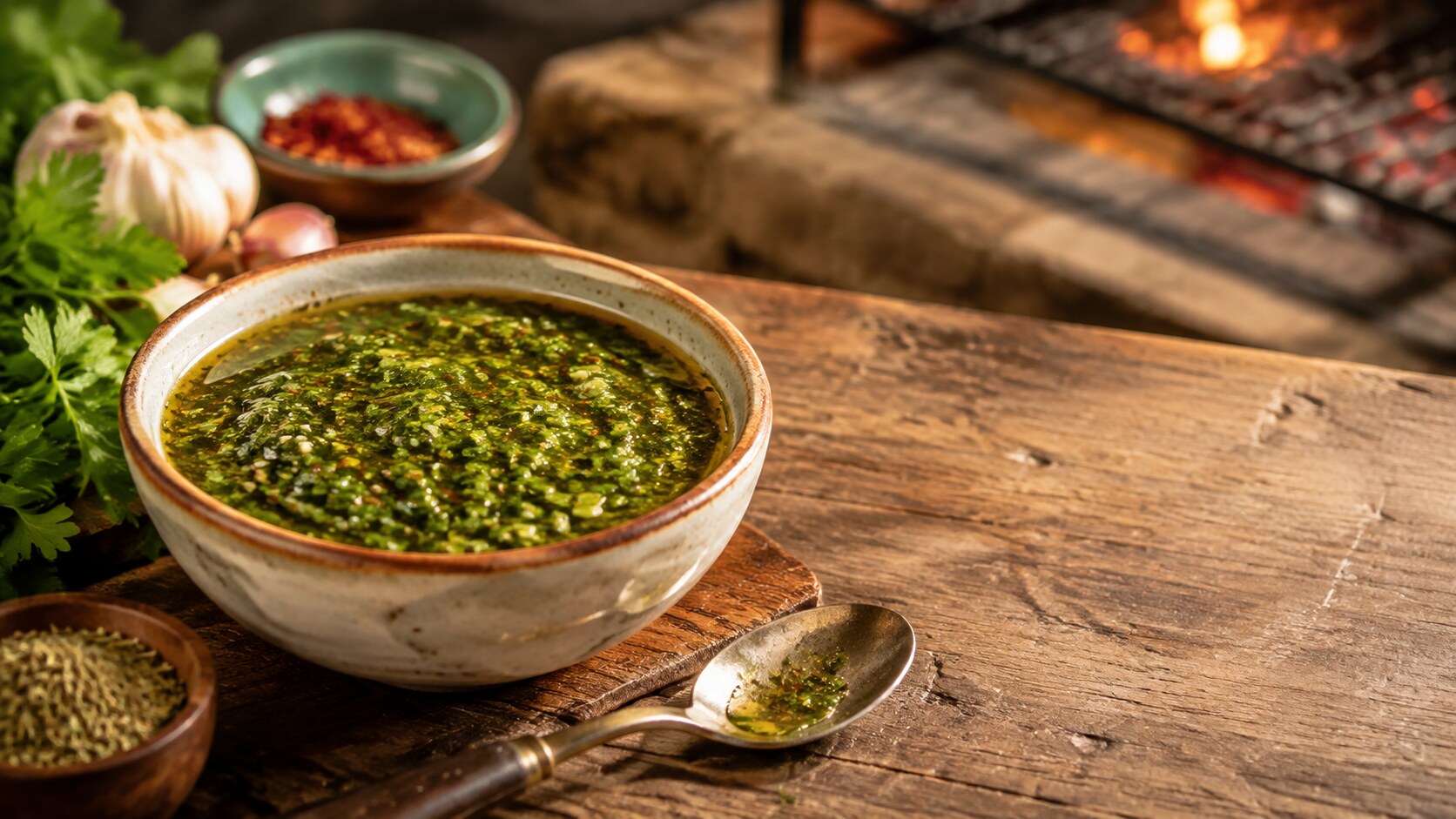 Cuenco de chimichurri argentino con perejil, ajo, orégano y ají