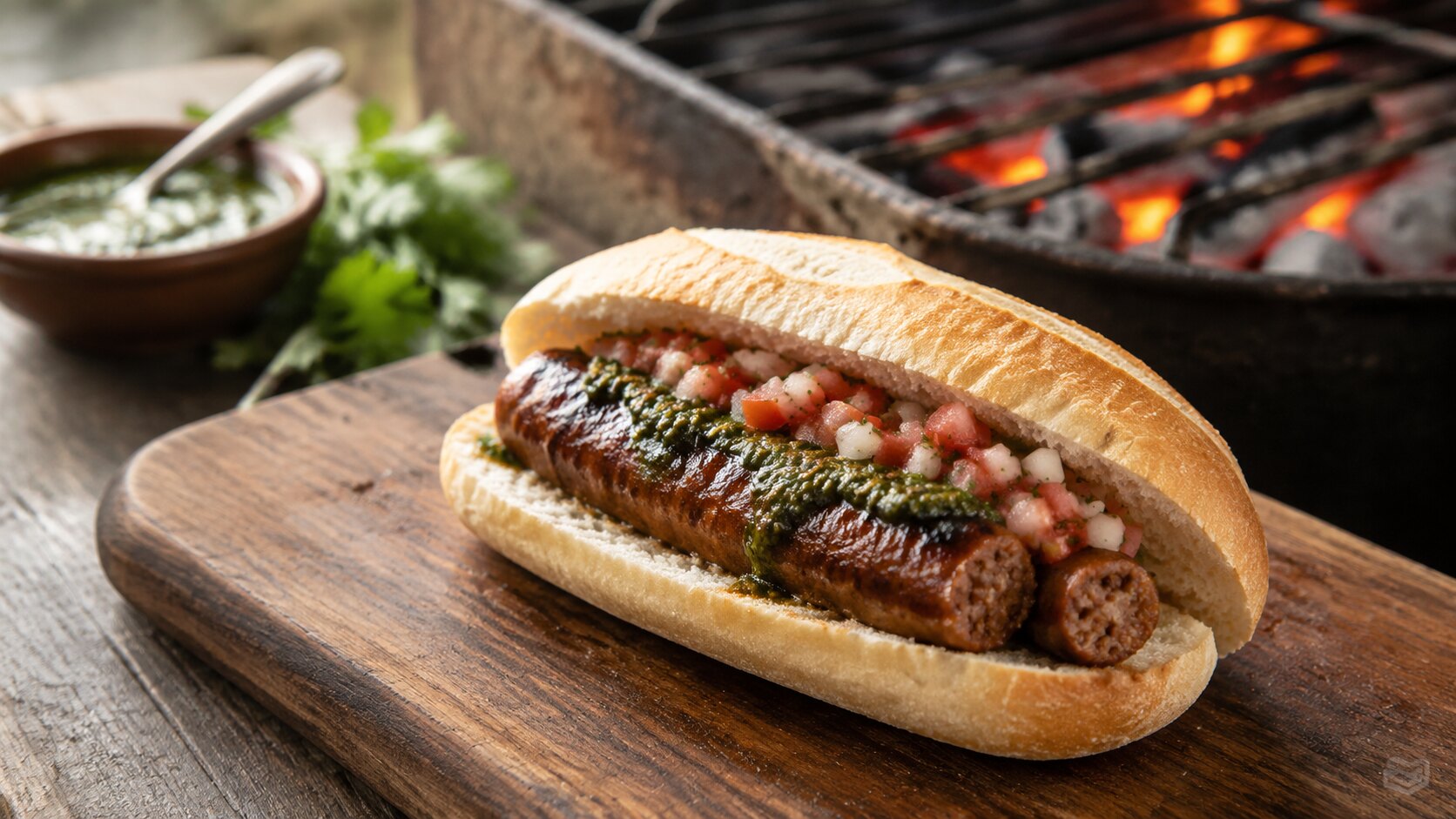 Choripán argentino con chimichurri y salsa criolla junto a una parrilla