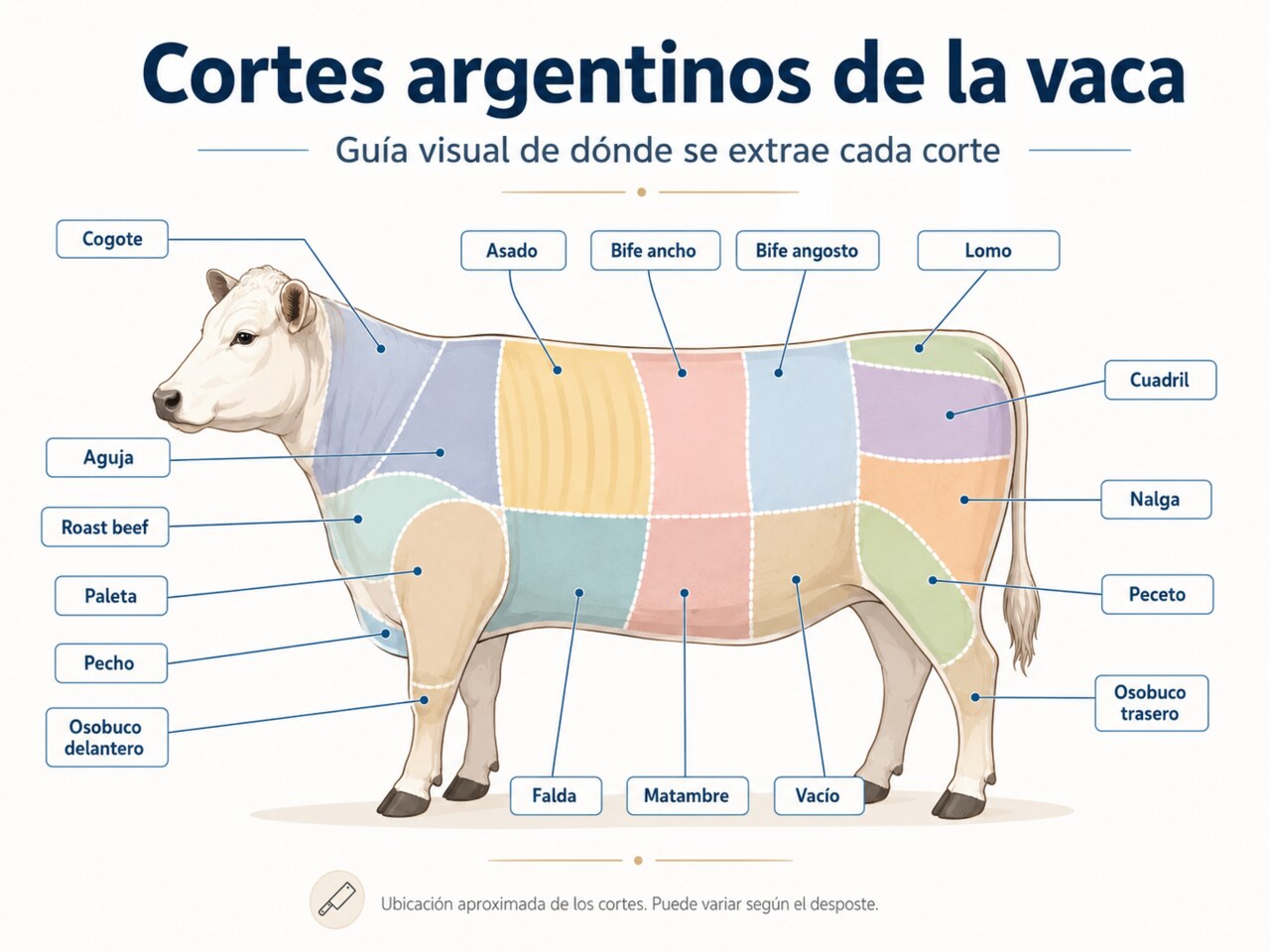 Mapa visual de los cortes argentinos de la vaca, con la ubicación de cogote, aguja, asado, bife ancho, bife angosto, lomo, cuadril, nalga, peceto, vacío, falda y matambre