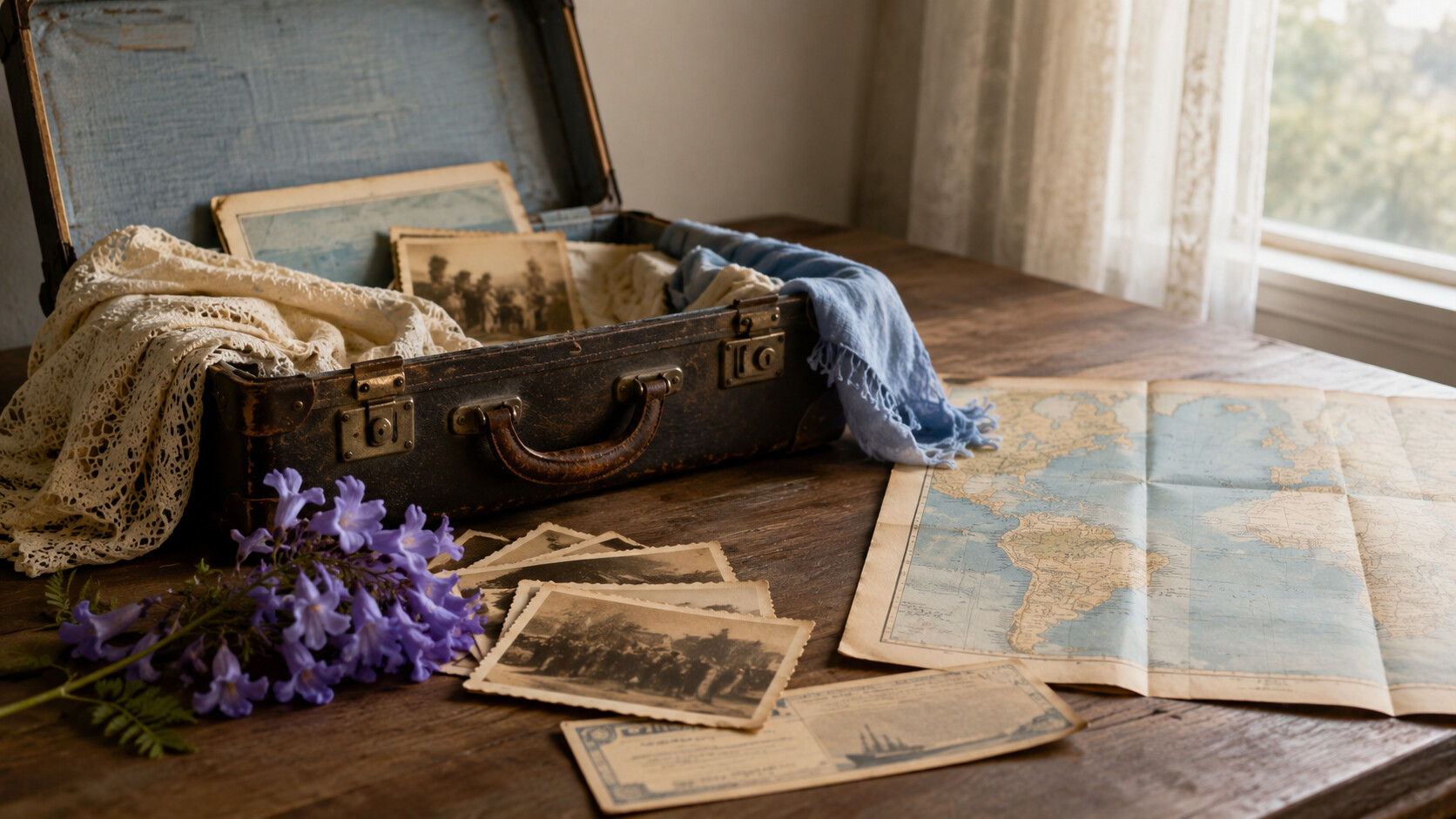 Valija antigua, fotografías y mapa como memoria de la migración