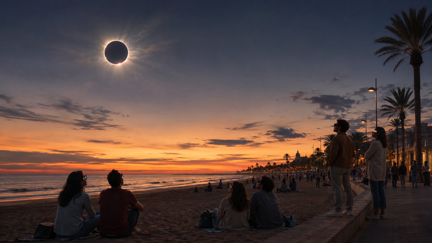 Ilustración editorial del eclipse solar total sobre la playa de València