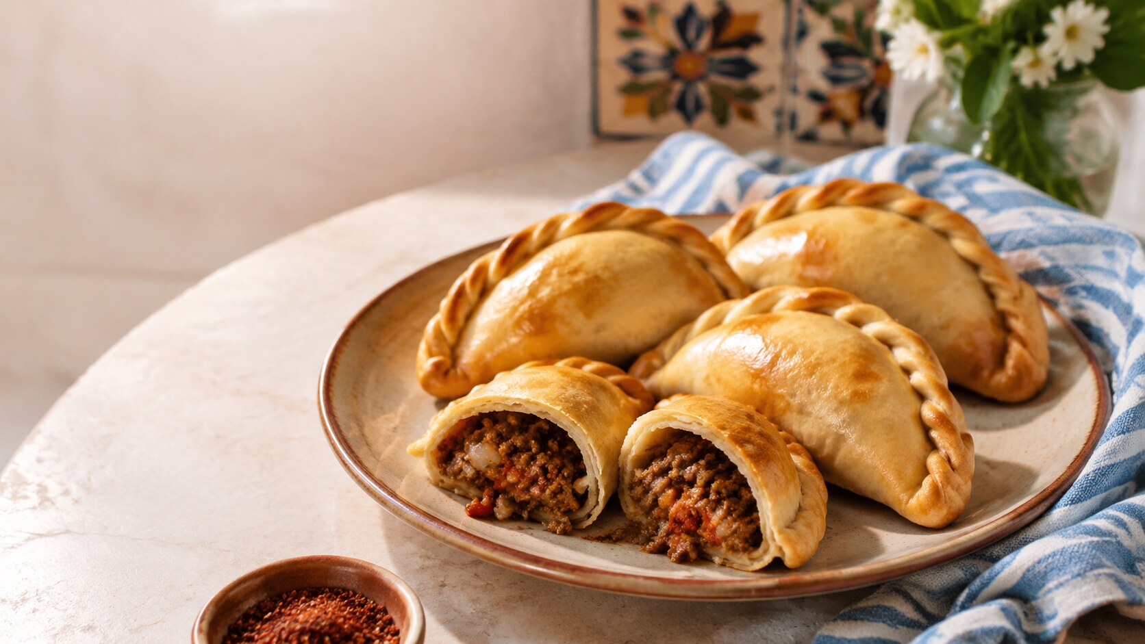 Empanadas argentinas de carne en una mesa con tonos celestes