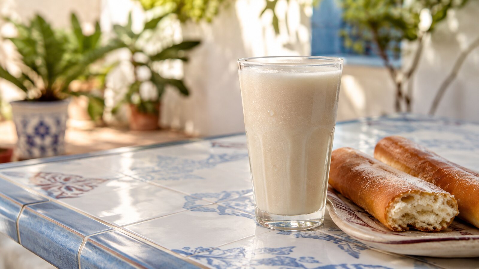 Vaso frío de horchata valenciana acompañado de fartons