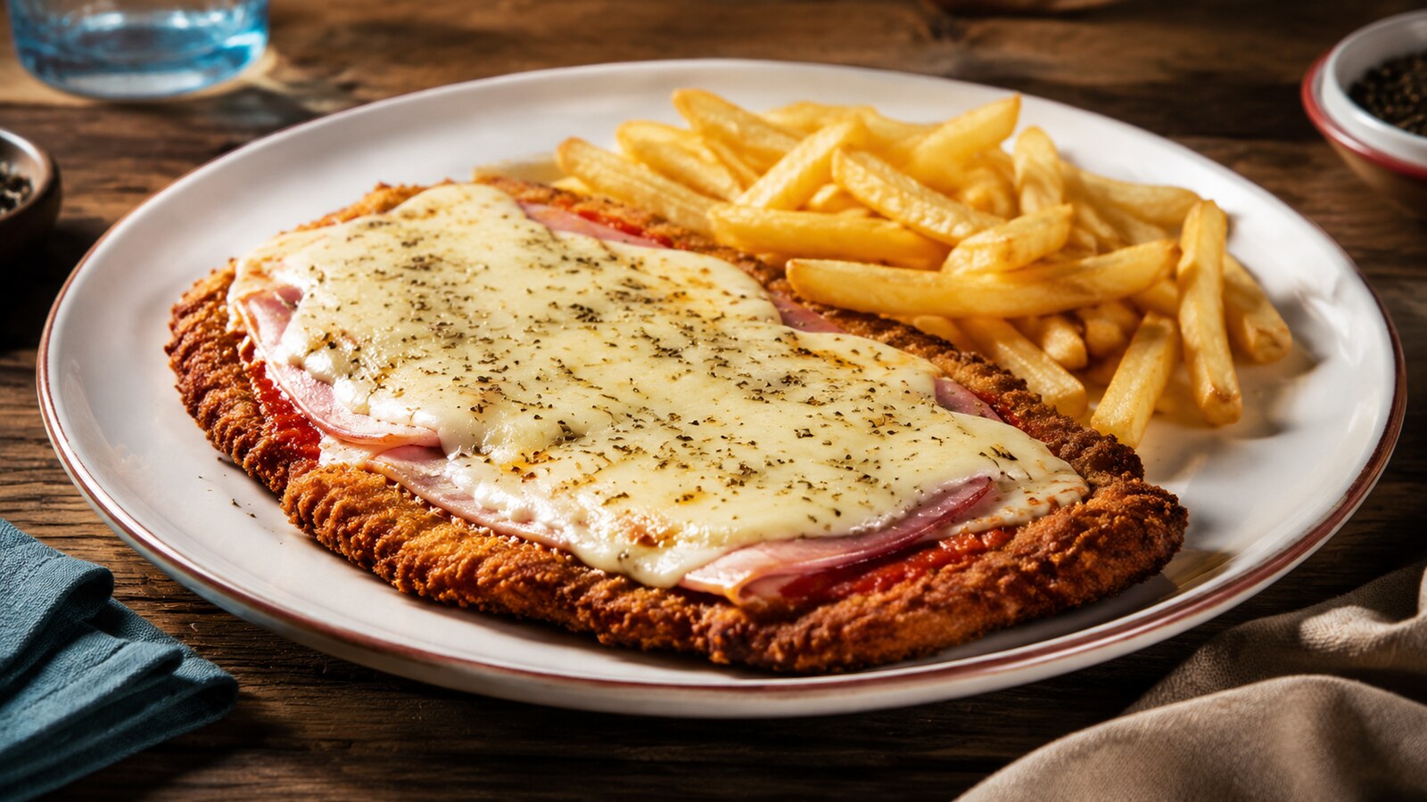 Milanesa napolitana con salsa, jamón, queso y papas fritas
