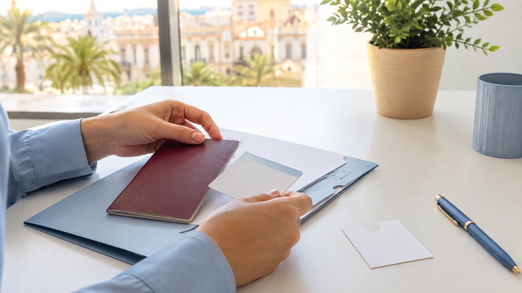 Manos organizando una tarjeta genérica, pasaporte sin emblemas y documentos administrativos