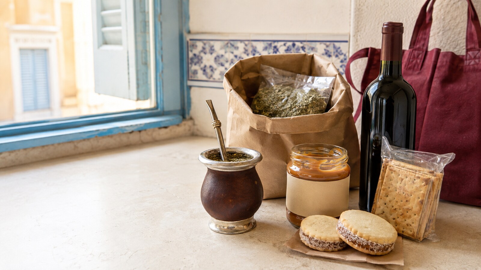 Mate, yerba, alfajores y dulce de leche en una portada editorial sobre productos argentinos