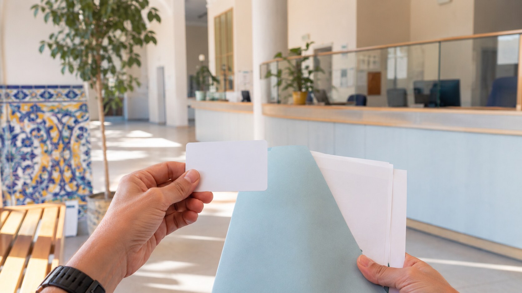 Manos con una tarjeta sanitaria genérica y documentos en un centro de salud