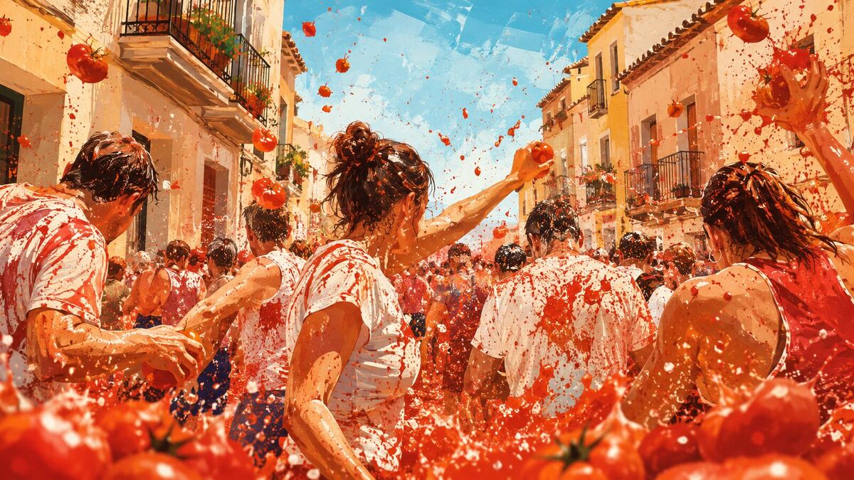 Ilustración editorial de La Tomatina en una calle de Buñol