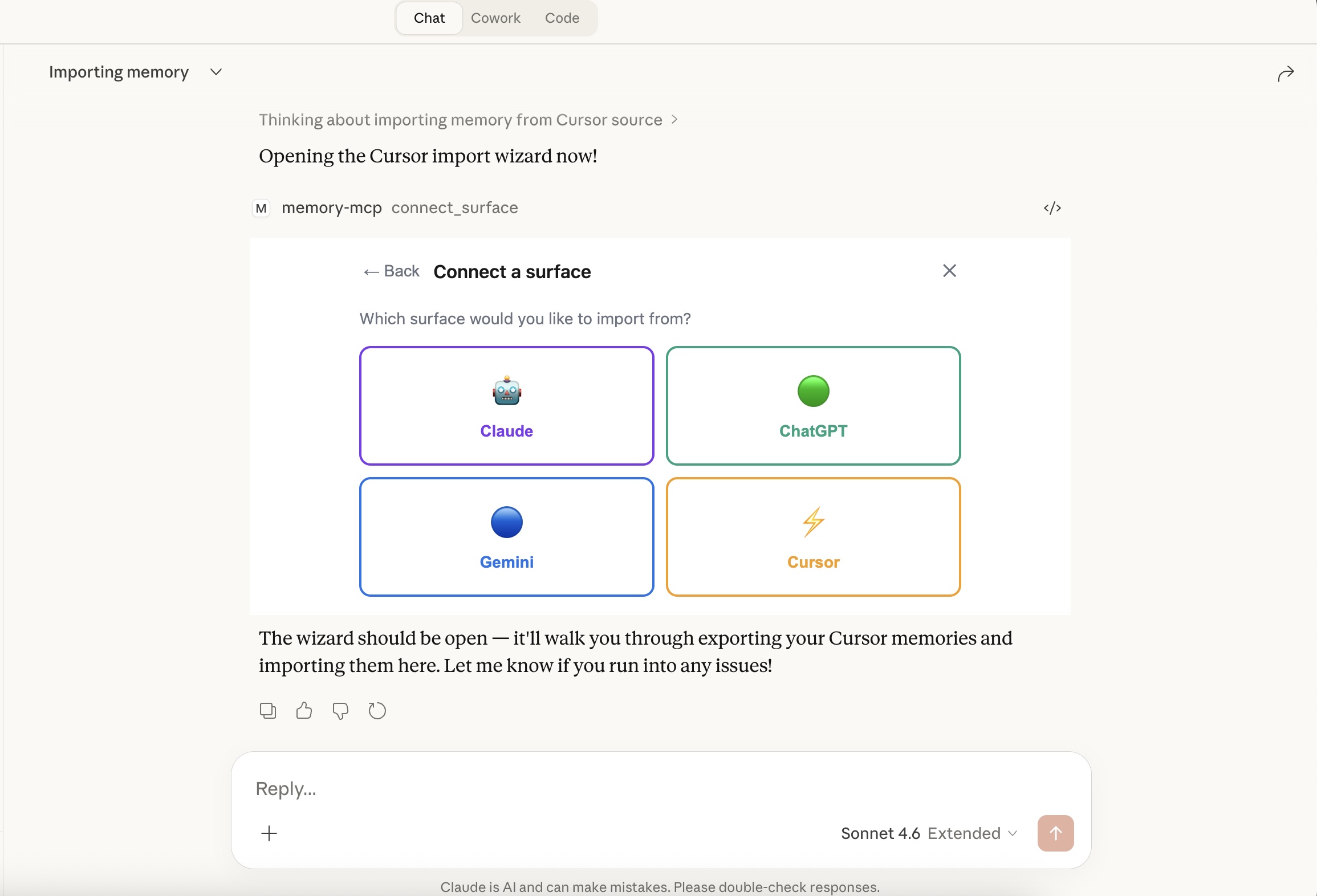 Connect a surface — import from Claude, ChatGPT, Gemini, or Cursor