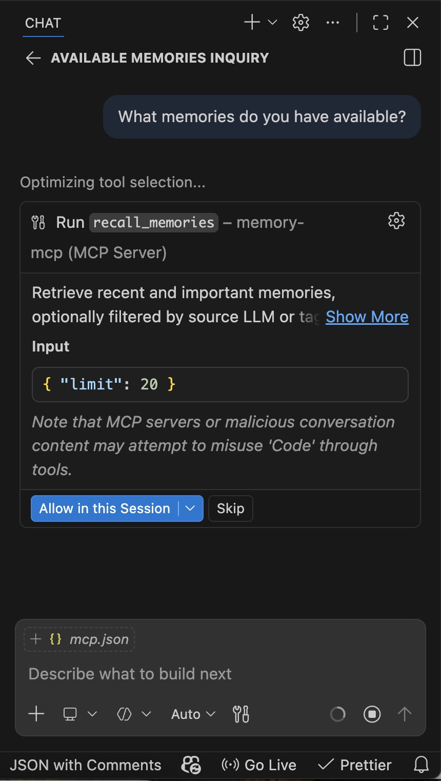 recall_memories tool call in VS Code