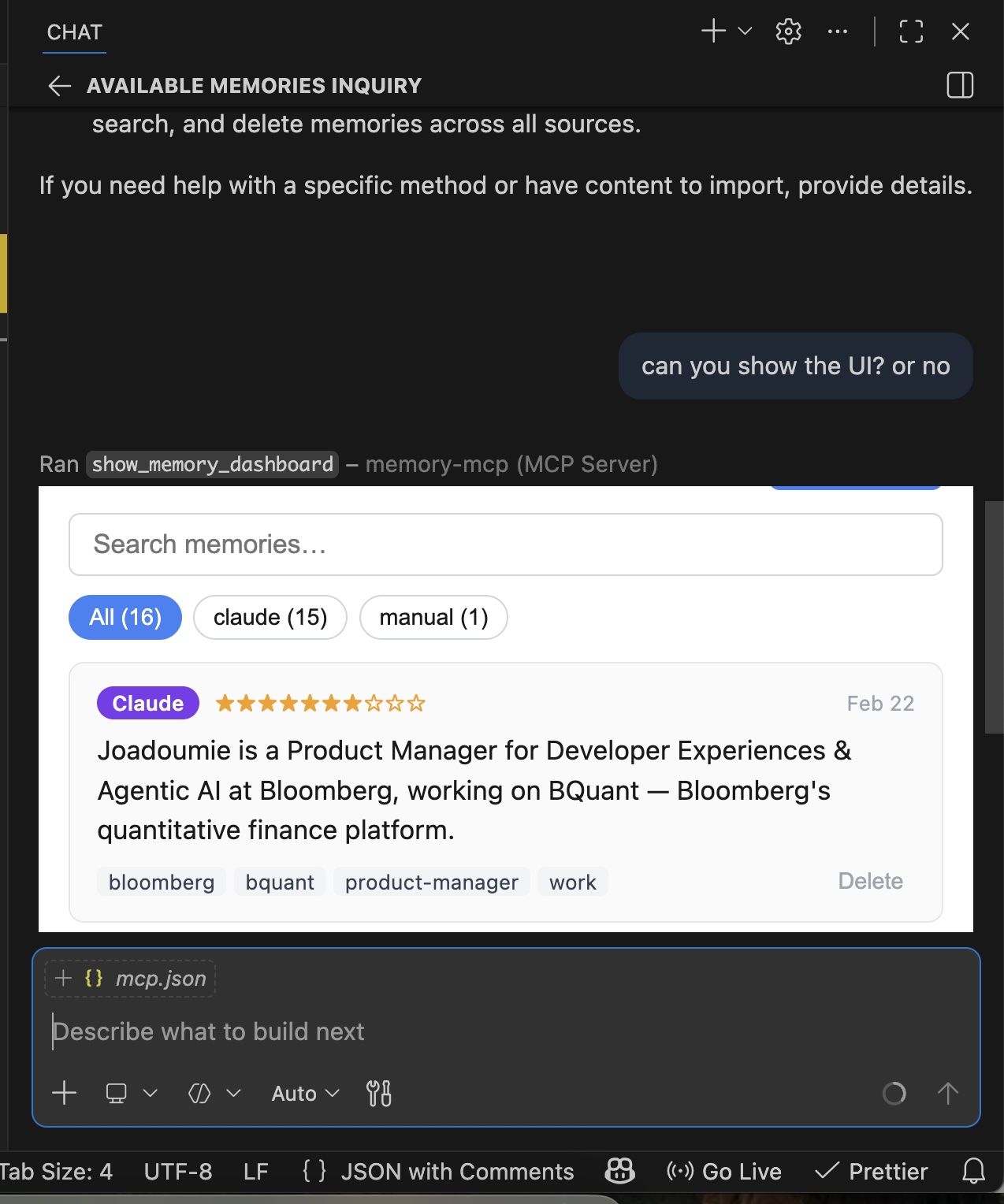 Memory dashboard rendered in VS Code