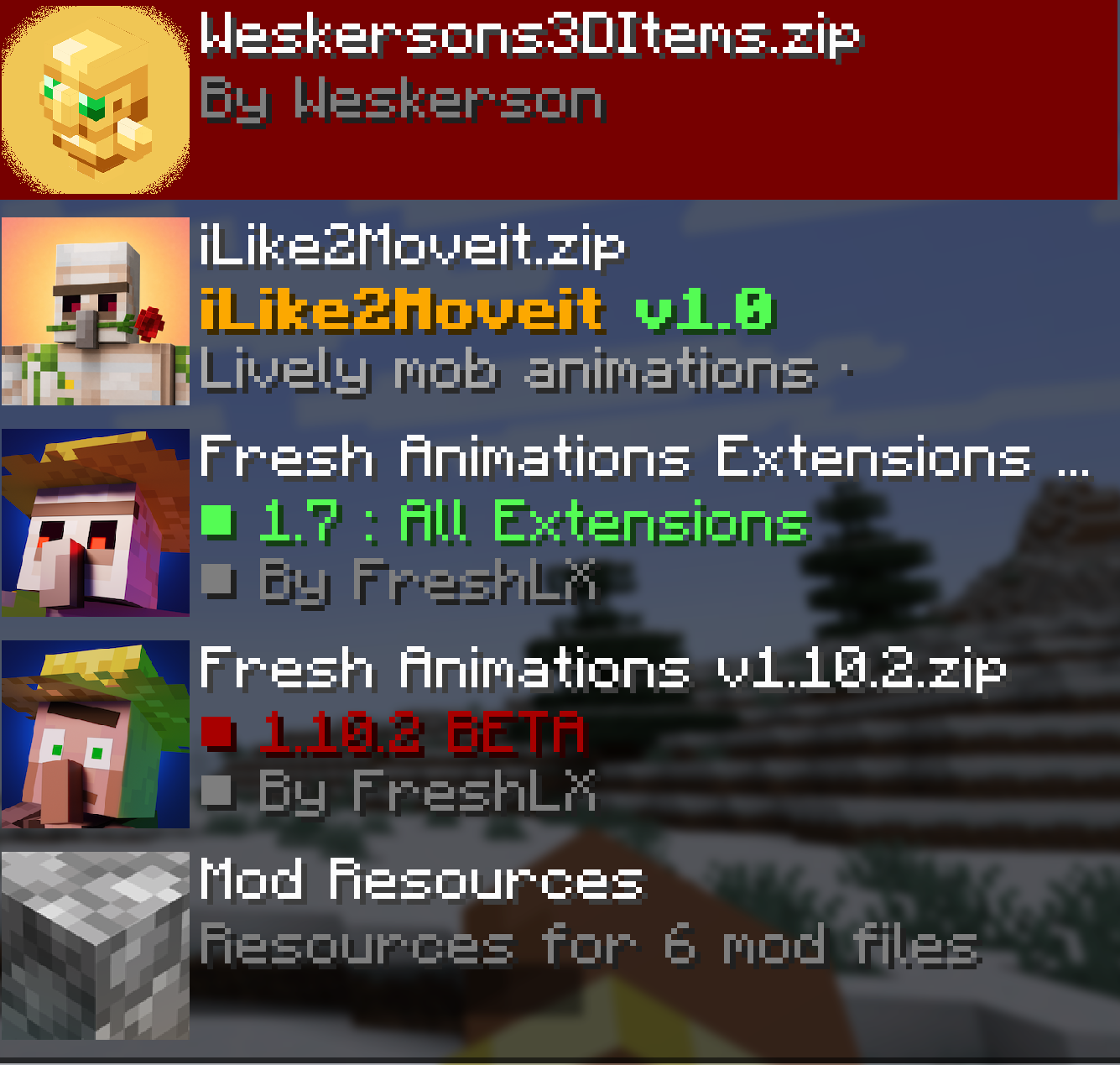 A correct resource pack order, with iLike2MoveIt above Fresh Animations