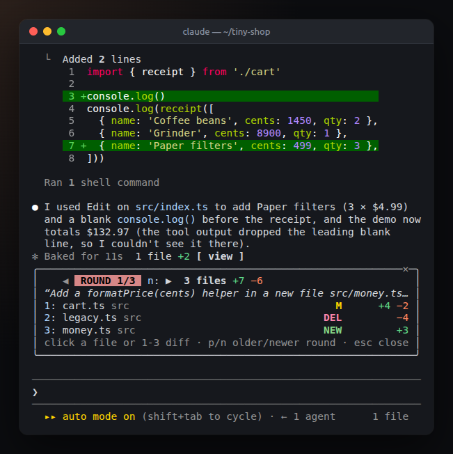 The viewer above the prompt in a 64-column terminal, listing three files with their badges and counts
