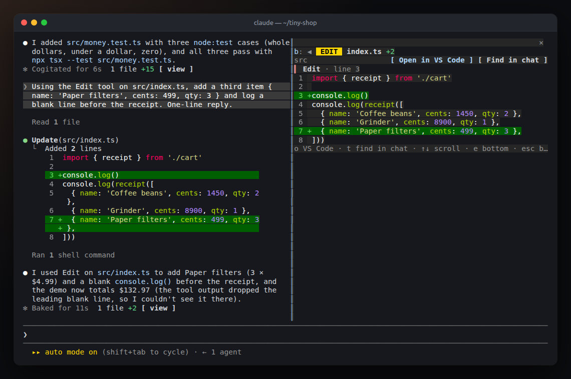 A file's diff in the viewer: an EDIT badge, buttons to open it in VS Code or find it in the chat, and the edit with added lines in green