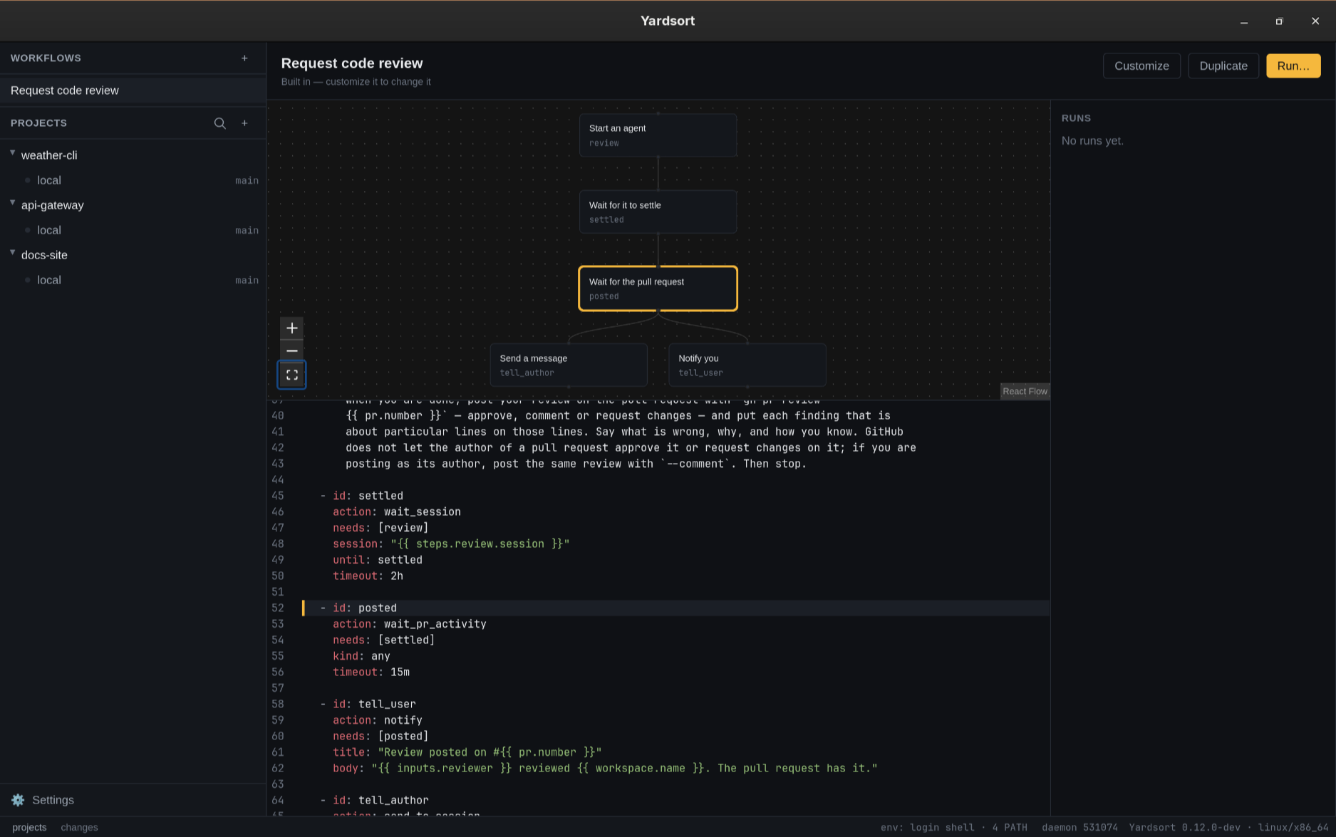 Workflows: the built-in code review as a chart, with its file and its runs beside it