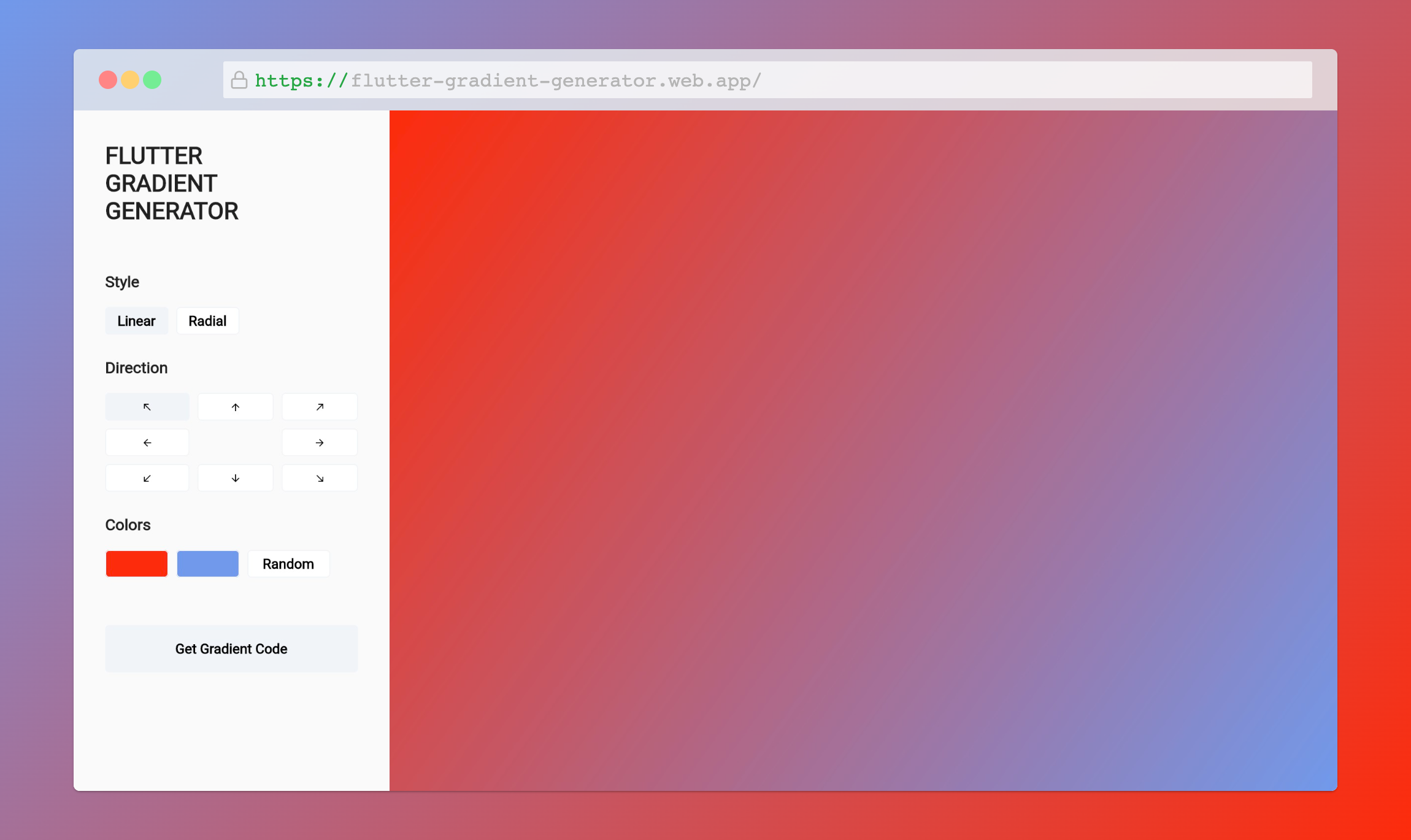 Screenshot of the Flutter Gradient Generator web app