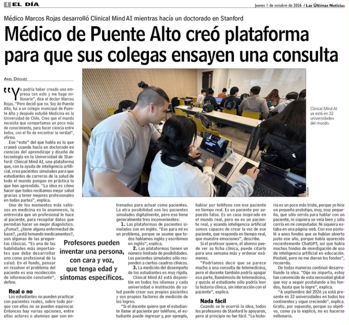 Página del diario Las Últimas Noticias del jueves 1 de octubre de 2026: reportaje sobre Clinical Mind AI, la plataforma de pacientes simulados por inteligencia artificial creada por un médico chileno durante su doctorado en Stanford, hoy en uso en 32 universidades del mundo y de acceso gratuito.
