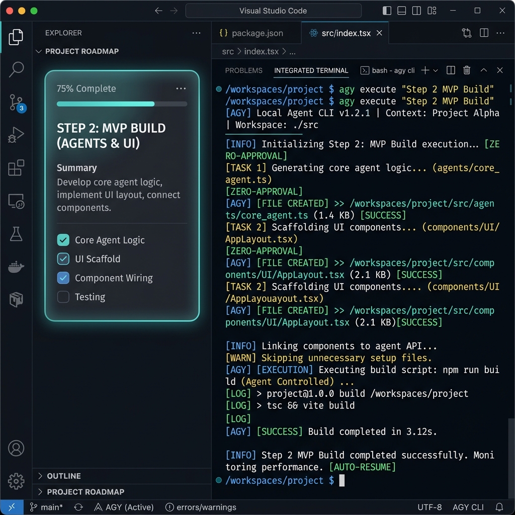SoloMap roadmap and Agent terminal running inside Visual Studio Code