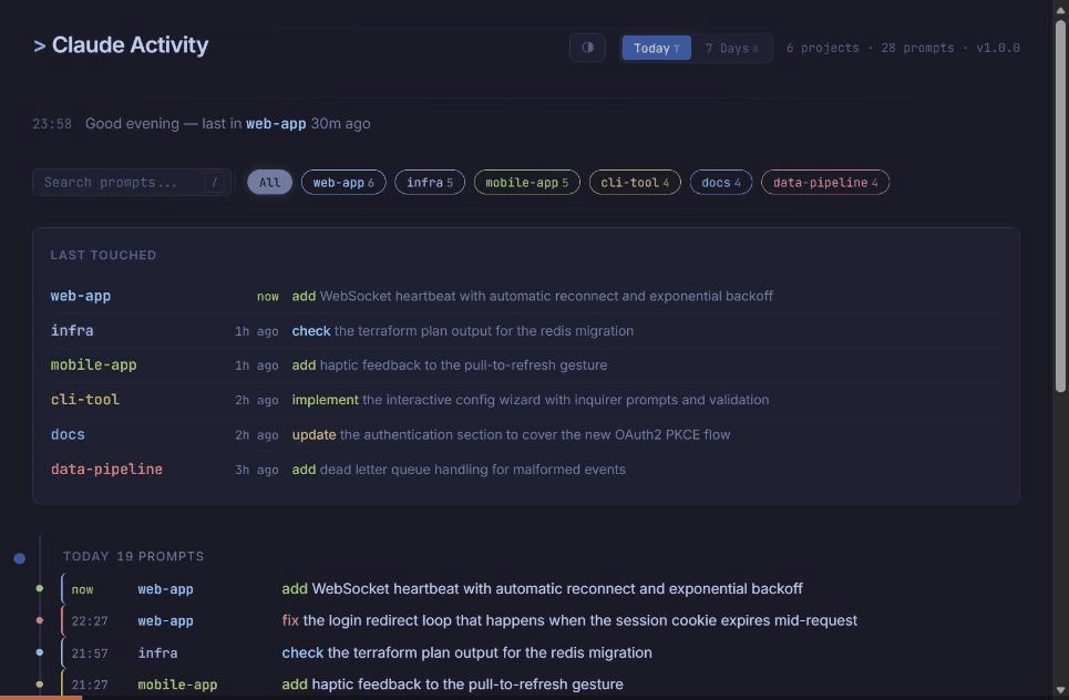 Dashboard demo: filter, session hover, peek popover
