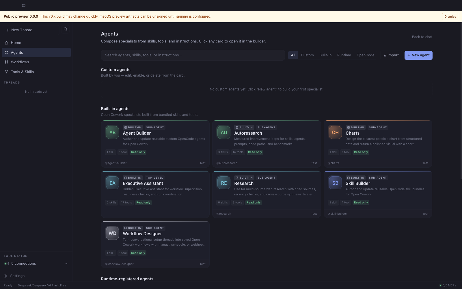 Agents page showing built-in and custom agents in a portrait grid
