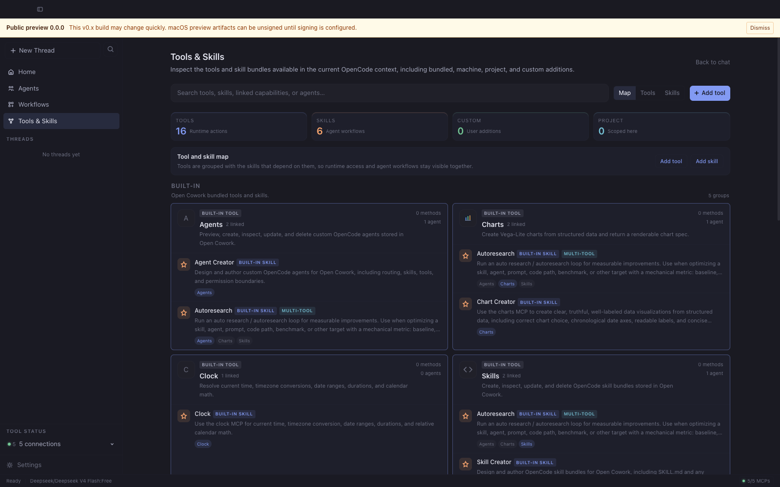 Tools & Skills page listing tools and skills with type, source, and tool counts