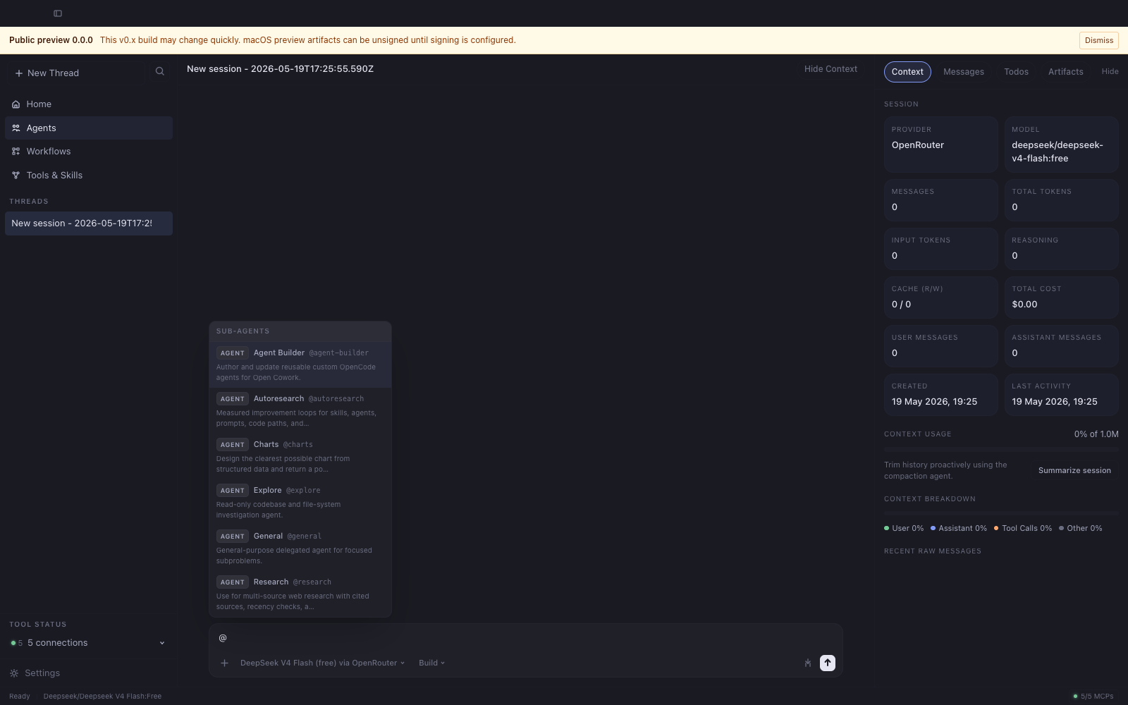 Chat composer mid-thread with the @-mention picker open over the sub-agent list