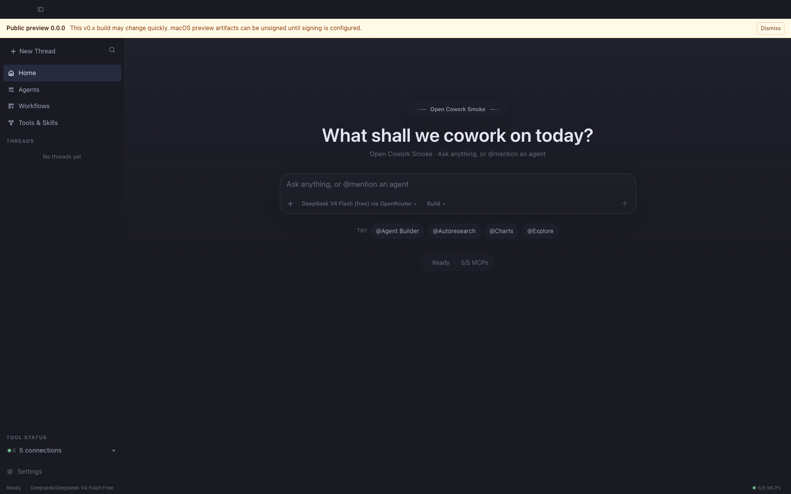 Home composer with @-agent suggestion pills and recent thread list