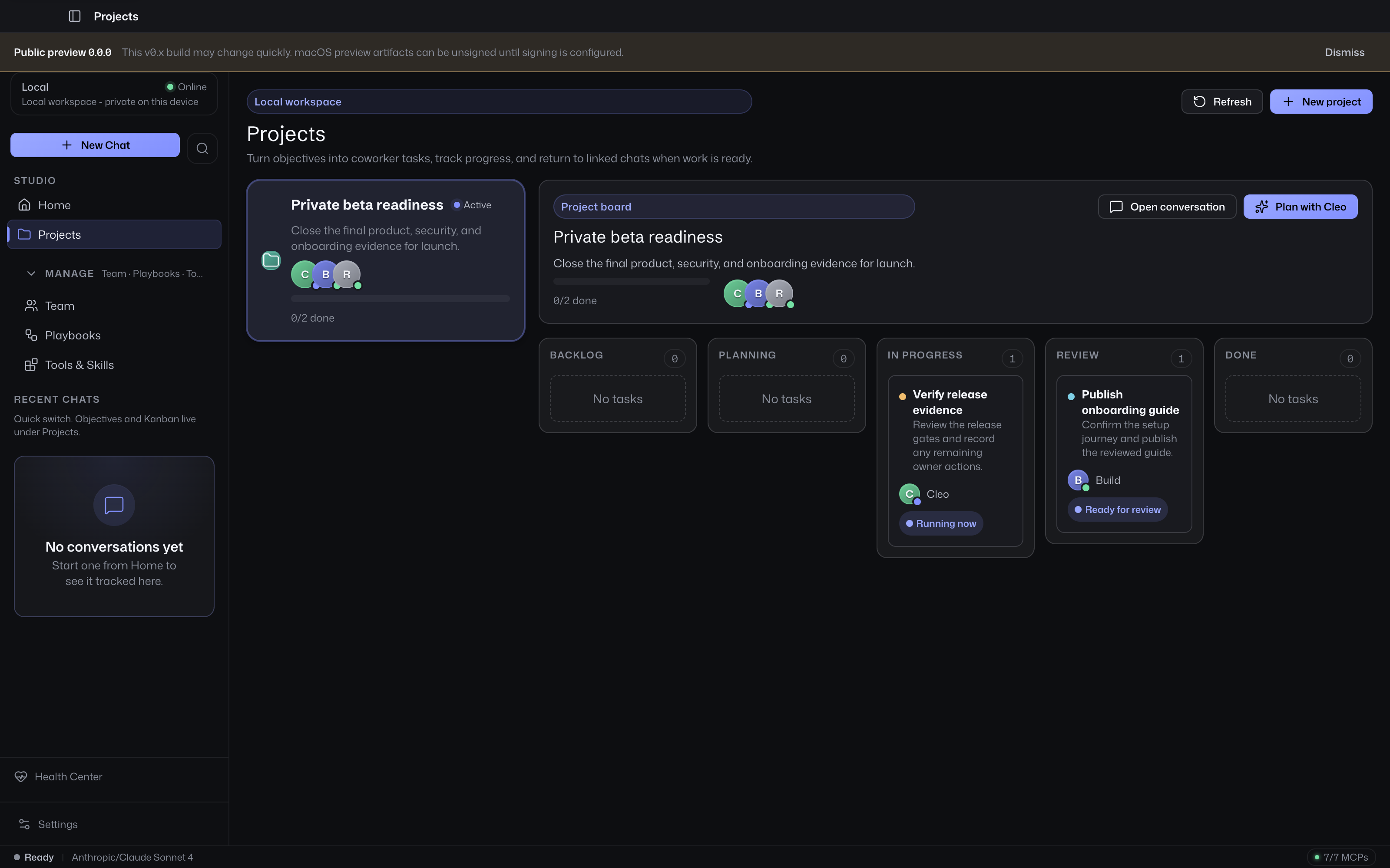 Projects board with workspace-backed coordination