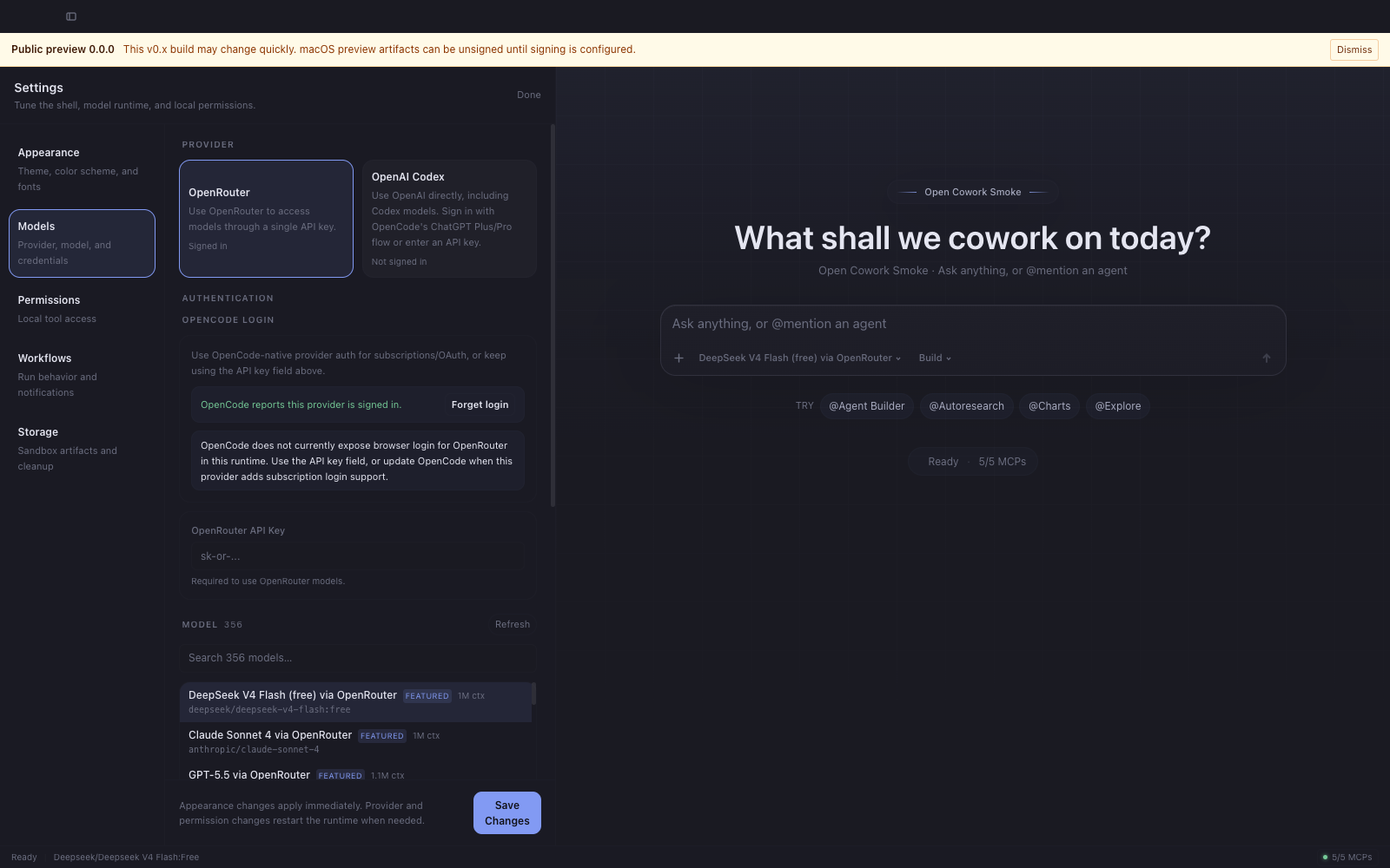 Settings models page with provider and model controls