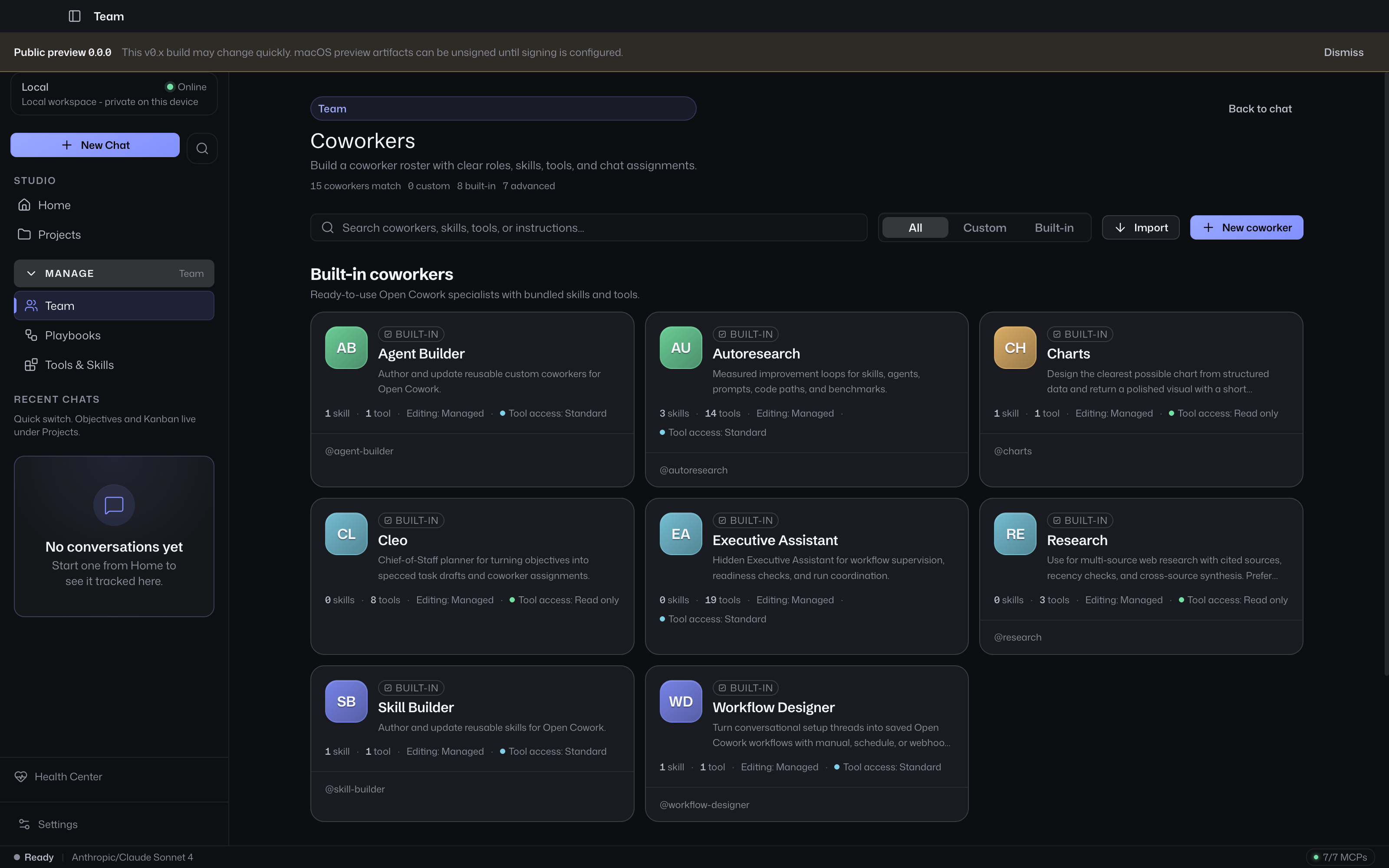 Team page with built-in coworkers and provenance filters