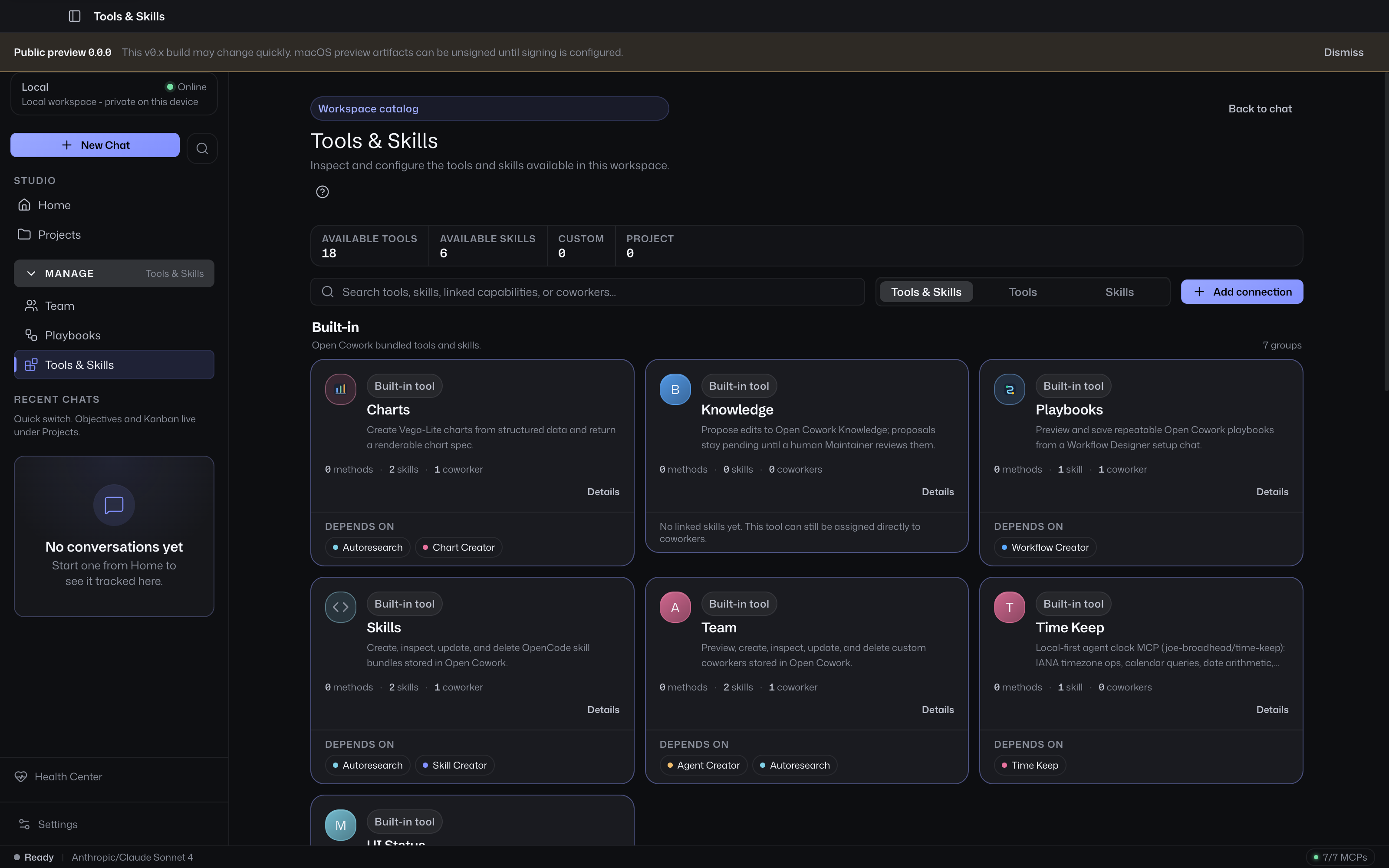 Tools & Skills catalog with tools, skills, and MCP servers