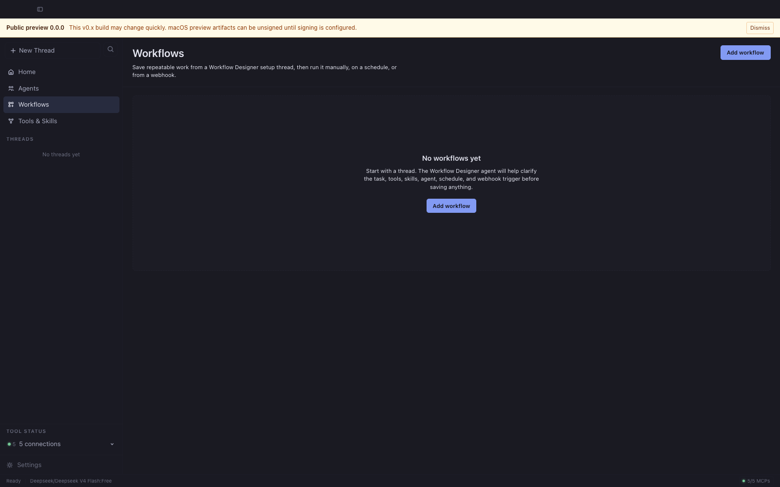 Workflows page showing the Add workflow setup-thread entry point