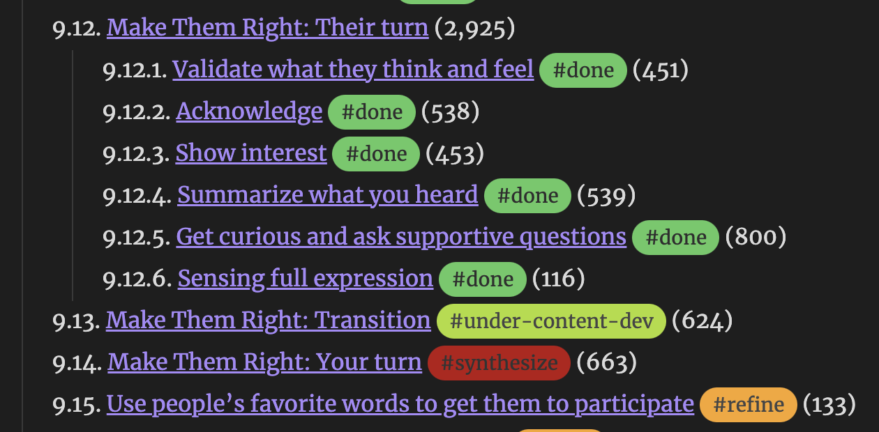 Manuscript outline with status tags and word counts