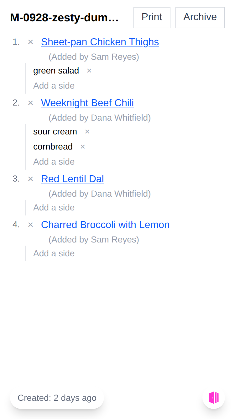 The menu, four recipes with sides under them