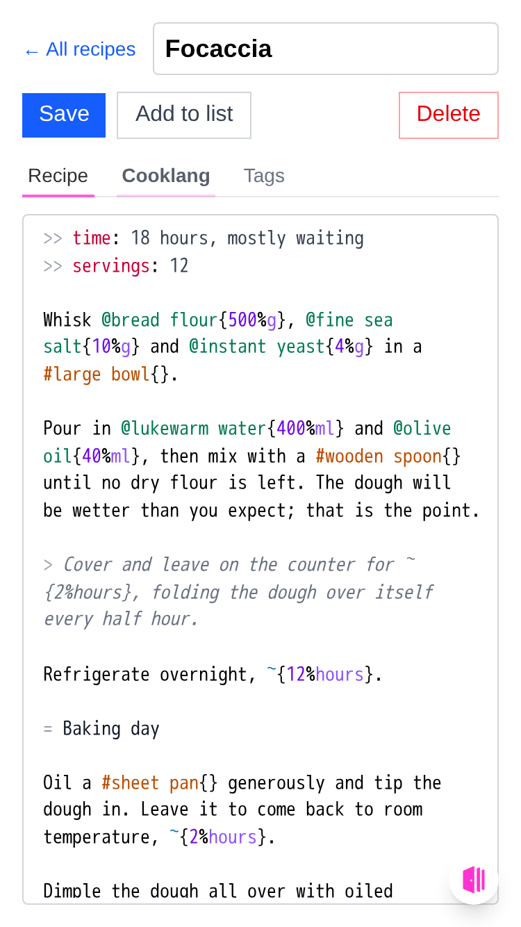 A recipe open on its Cooklang tab, syntax highlighted
