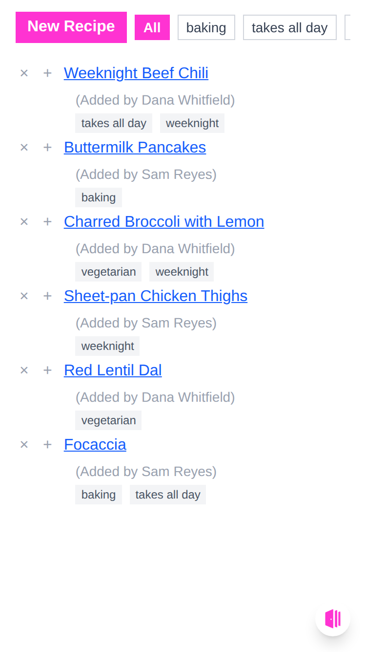 The recipe list, with tag filters across the top
