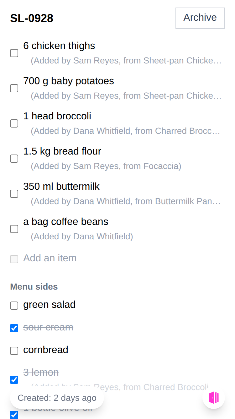 The shopping list, items noting the recipe they came from