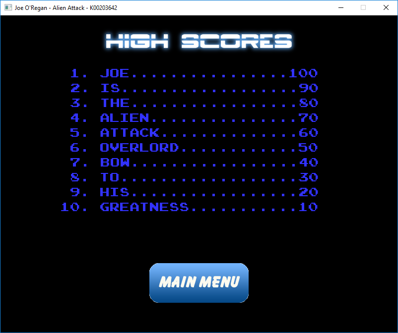 Alien Attack: High Scores Menu